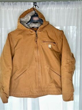 Womens Carhartt Sherpa Lined Duck Canvas Jacket Plus Sz 2X Tan Hooded OJ4392-W